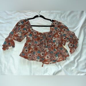 Floral Puff Sleeve Blouse - Red and Blue